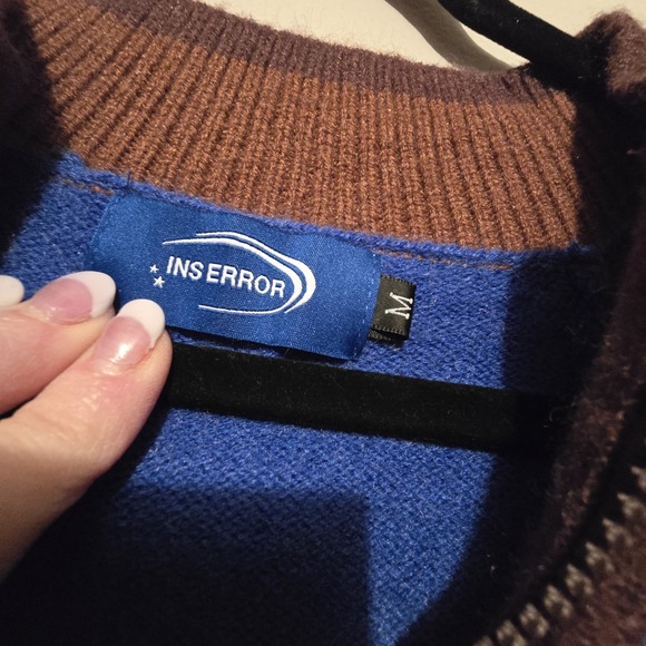 Ins Error Graphic Cardigan Sweater Men's Size MED Blue Brown Last Episode Heavy - Picture 5 of 11